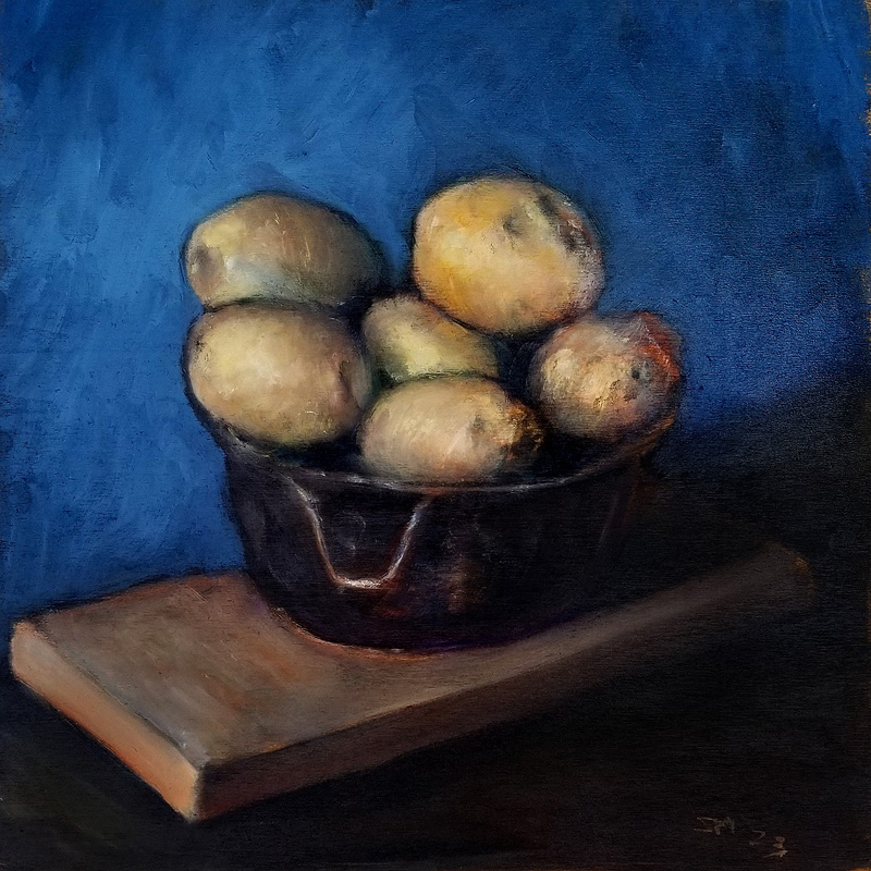 Bowl of potatos - oil painting on panel - esem art studio