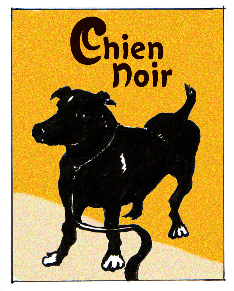 Chien noir - ink, watercolr and digital print - esem art studio