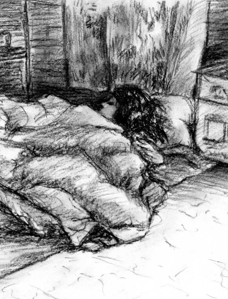 Lisa-sleeping-on-my-mother's-floor-1988 - charcoal pencil - esem art studio