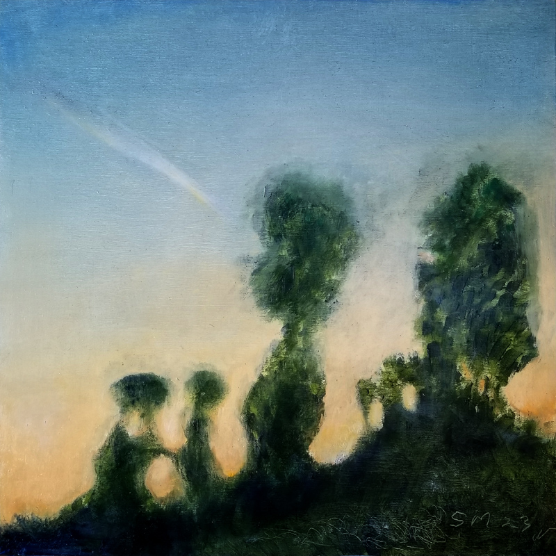 Sunset, trees and cloud - oil on wood panel - esem art studio